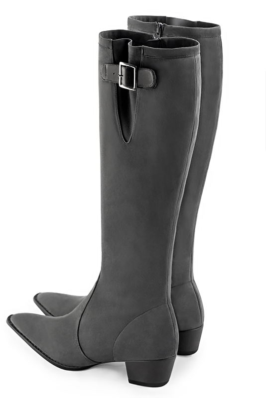Dark grey women's knee-high boots with buckles. Tapered toe. Low cone heels. Made to measure. Rear view - Florence KOOIJMAN